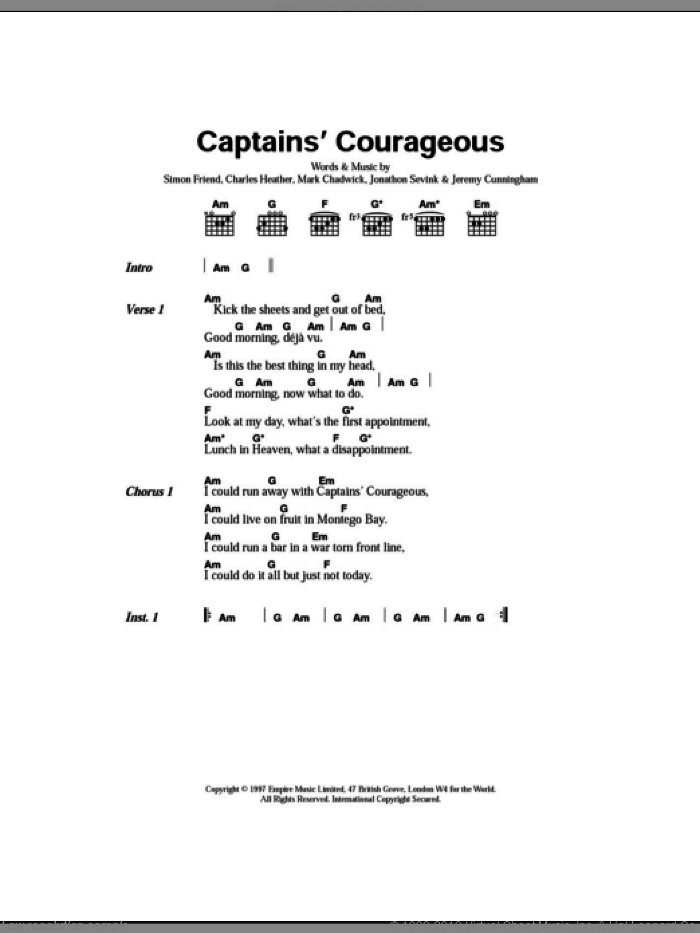 Captain's Courageous sheet music for guitar (chords) by The Levellers, Charles Heather, Jeremy Cunningham, Jonathan Sevink, Mark Chadwick and Simon Friend, intermediate skill level