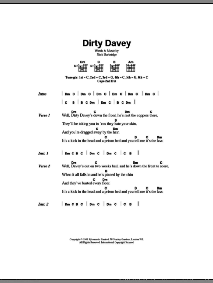 Dirty Davey sheet music for guitar (chords) by The Levellers and Nick Burbridge, intermediate skill level