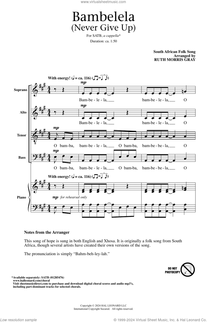 Bambelela (Never Give Up) (arr. Ruth Morris Gray) sheet music for choir (SATB: soprano, alto, tenor, bass) by South African Folksong and Ruth Morris Gray, intermediate skill level
