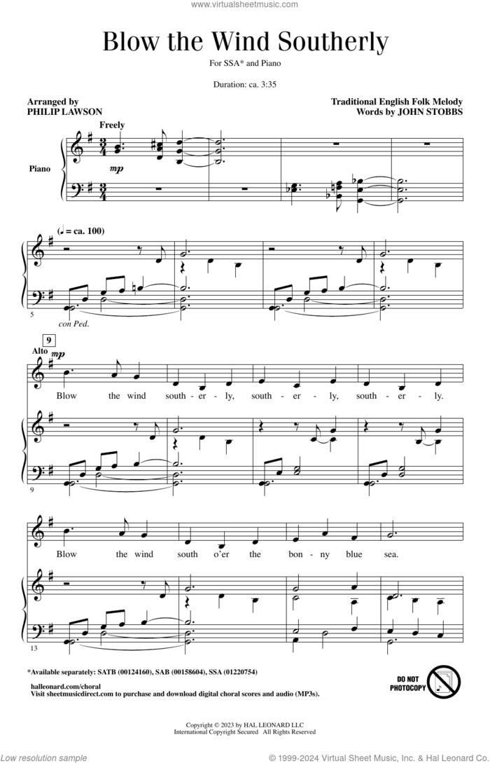 Blow The Wind Southerly (arr. Philip Lawson) sheet music for choir (SSA: soprano, alto) by John Stobbs, Philip Lawson and English Folk Melody, intermediate skill level