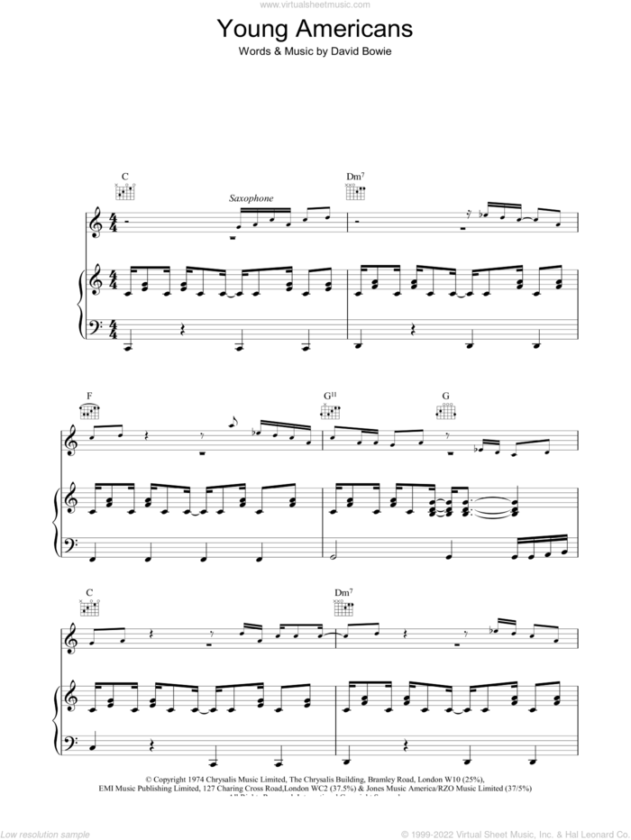 Young Americans sheet music for voice, piano or guitar by David Bowie, intermediate skill level