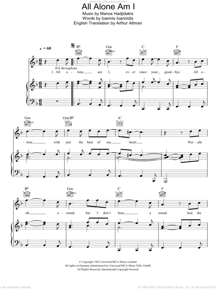 All Alone Am I sheet music for voice, piano or guitar by Brenda Lee, Arthur Altman, Ioannis Ioannidis and Manos Hadjidakis, intermediate skill level