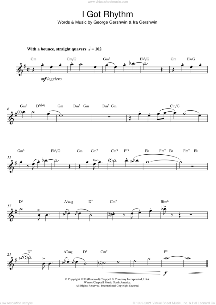 I Got Rhythm sheet music for alto saxophone solo by George Gershwin, intermediate skill level