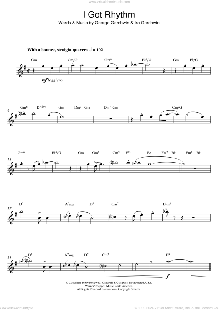 I Got Rhythm sheet music for alto saxophone solo by George Gershwin, intermediate skill level