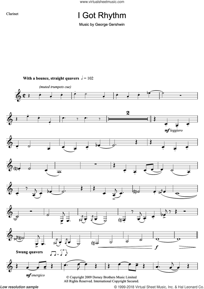 I Got Rhythm sheet music for clarinet solo by George Gershwin, intermediate skill level