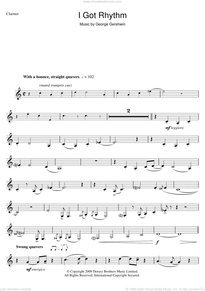 I Got Rhythm sheet music for clarinet solo by George Gershwin, intermediate skill level