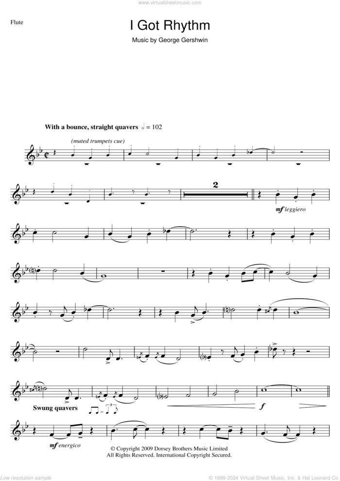 I Got Rhythm sheet music for flute solo by George Gershwin, intermediate skill level