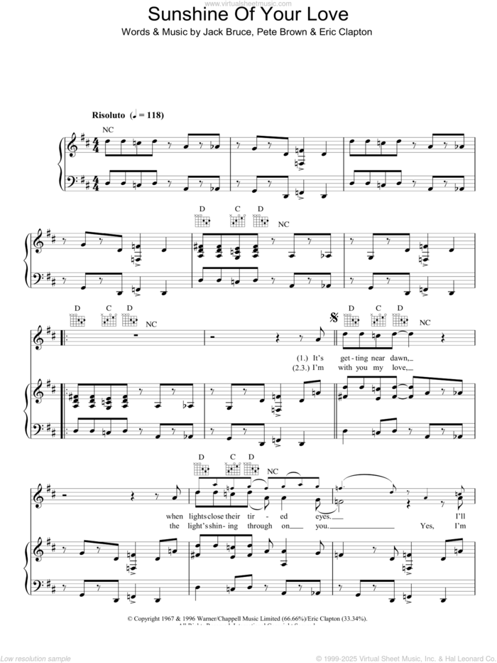 Sunshine Of Your Love sheet music for voice, piano or guitar by Cream, Eric Clapton, Jack Bruce and Pete Brown, intermediate skill level