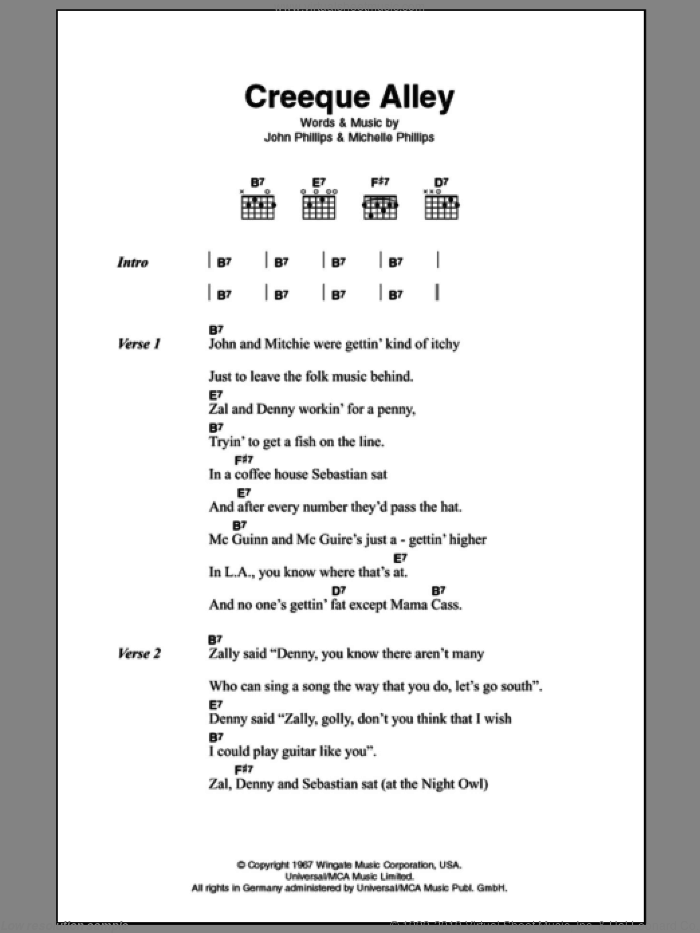 Creeque Alley sheet music for guitar (chords) by The Mamas & The Papas, John Phillips and Michelle Phillips, intermediate skill level