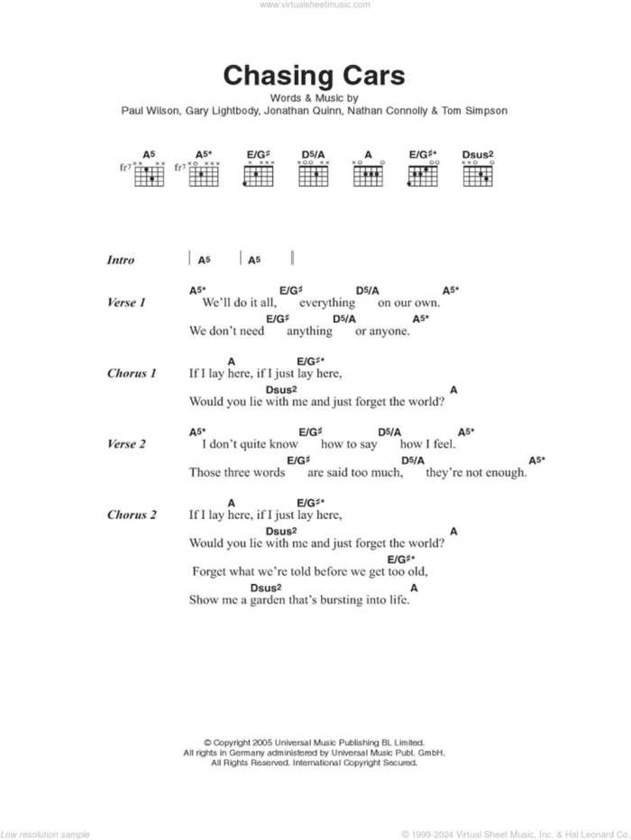 Chasing Cars sheet music for guitar (chords) by Snow Patrol, Gary Lightbody, Jonathan Quinn, Nathan Connolly, Paul Wilson and Tom Simpson, intermediate skill level