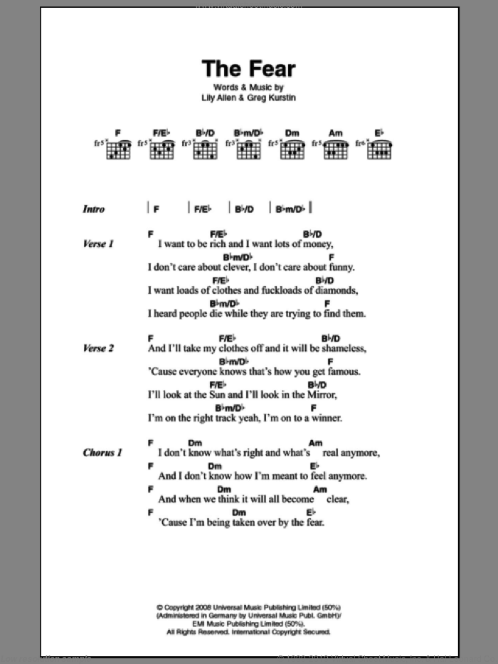 The Fear sheet music for guitar (chords) by Lily Allen and Greg Kurstin, intermediate skill level
