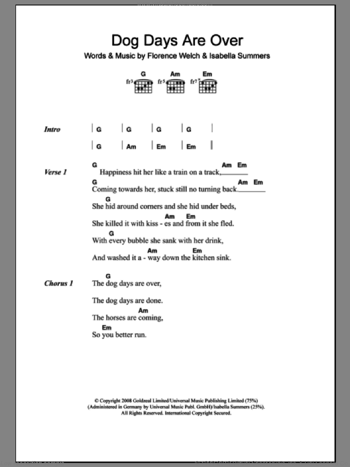 Dog Days Are Over sheet music for guitar (chords) by Florence And The Machine, Florence And The  Machine, Florence Welch and Isabella Summers, intermediate skill level