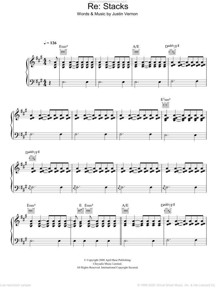 Re: Stacks sheet music for voice, piano or guitar by Bon Iver and Justin Vernon, intermediate skill level