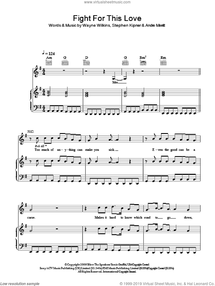 Fight For This Love sheet music for voice, piano or guitar by Cheryl Cole, Andre Merritt, Steve Kipner and Wayne Wilkins, intermediate skill level
