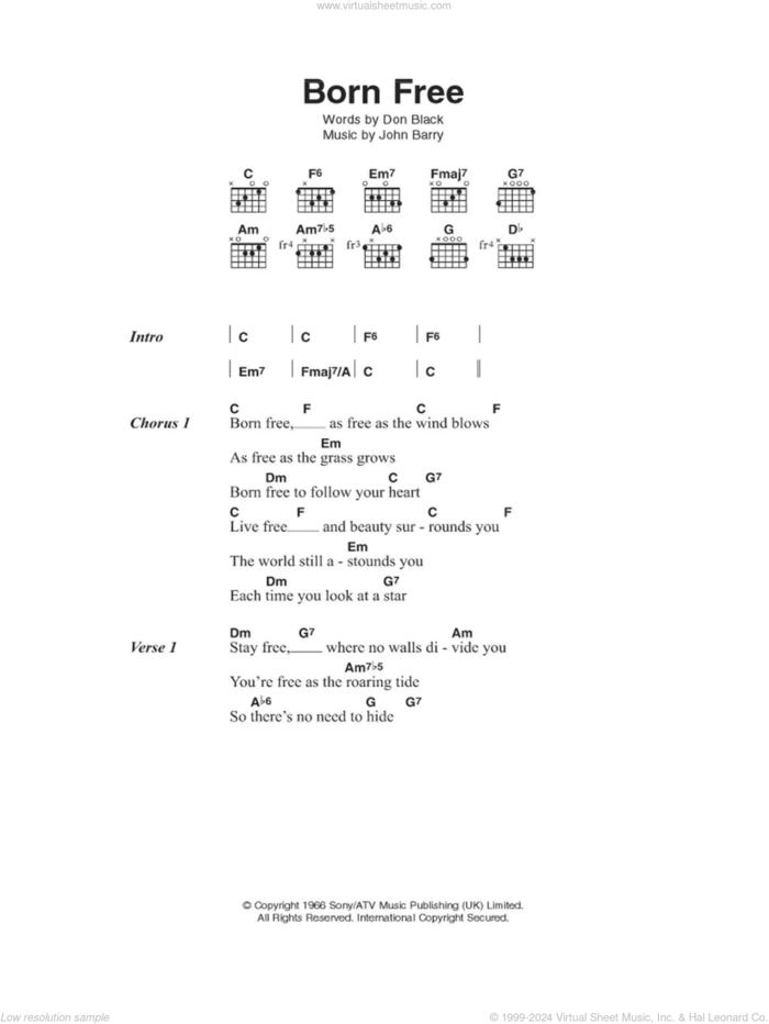 Born Free sheet music for guitar (chords) by Matt Monro, Don Black and John Barry, intermediate skill level