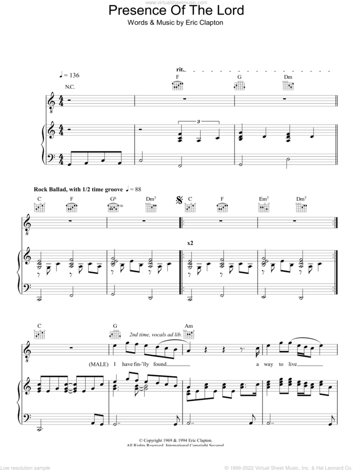 Presence Of The Lord sheet music for voice, piano or guitar by Eric Clapton, intermediate skill level