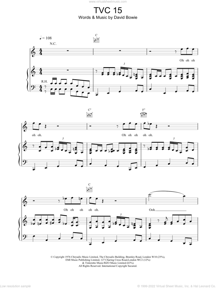 TVC15 sheet music for voice, piano or guitar by David Bowie, intermediate skill level