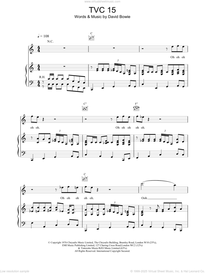 TVC15 sheet music for voice, piano or guitar by David Bowie, intermediate skill level