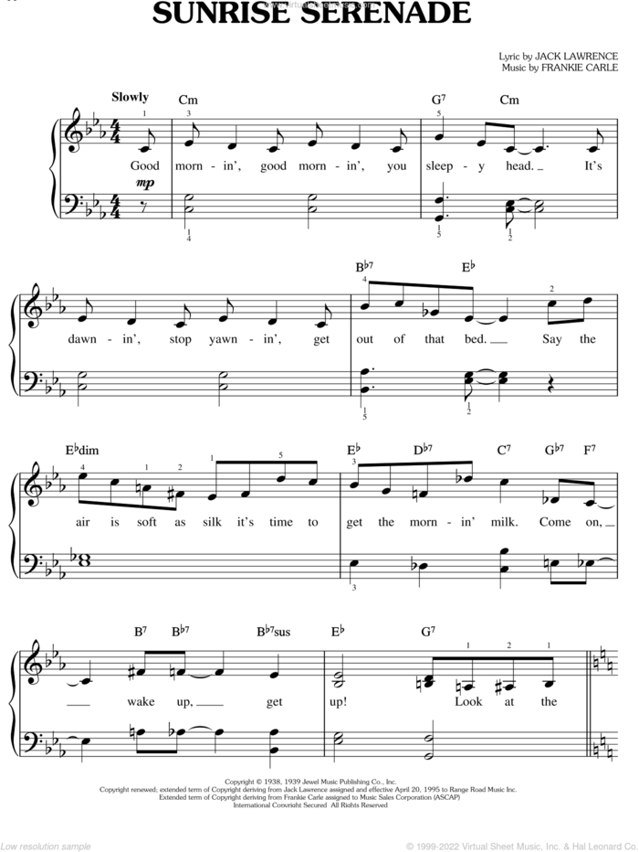 Sunrise Serenade sheet music for piano solo by Glenn Miller, Frankie Carle and Jack Lawrence, easy skill level