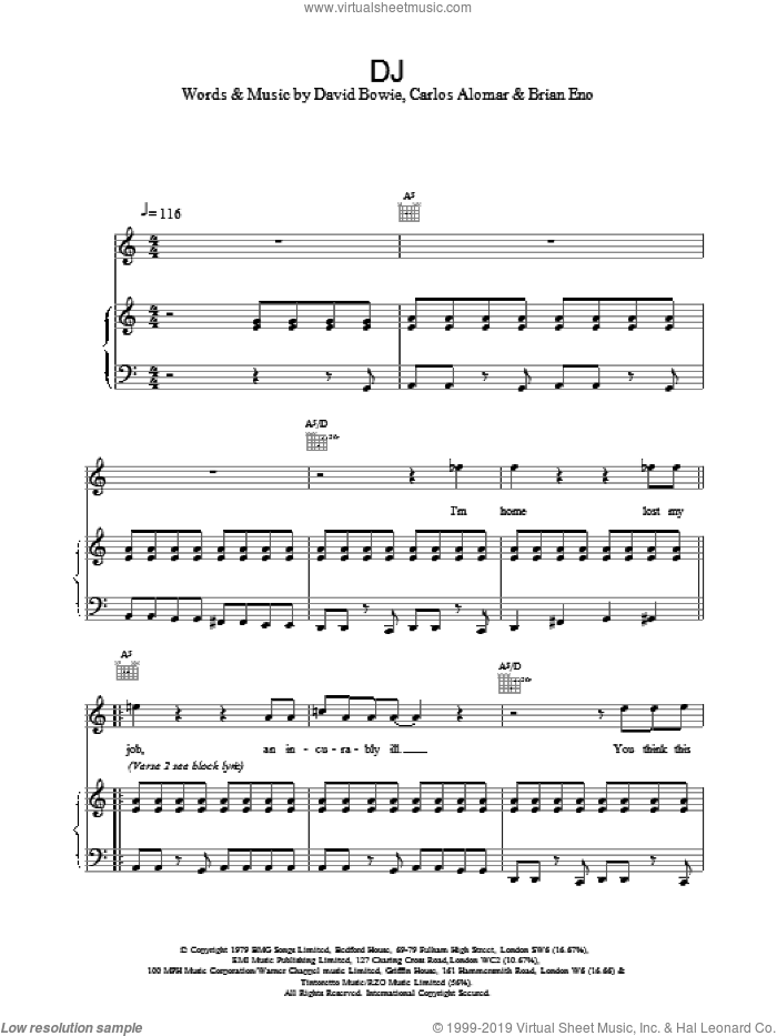 DJ sheet music for voice, piano or guitar by David Bowie, intermediate skill level