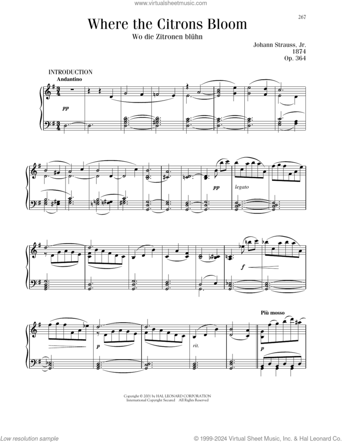 Where The Citrons Bloom, Op. 364 sheet music for piano solo by Johann Strauss, classical score, intermediate skill level