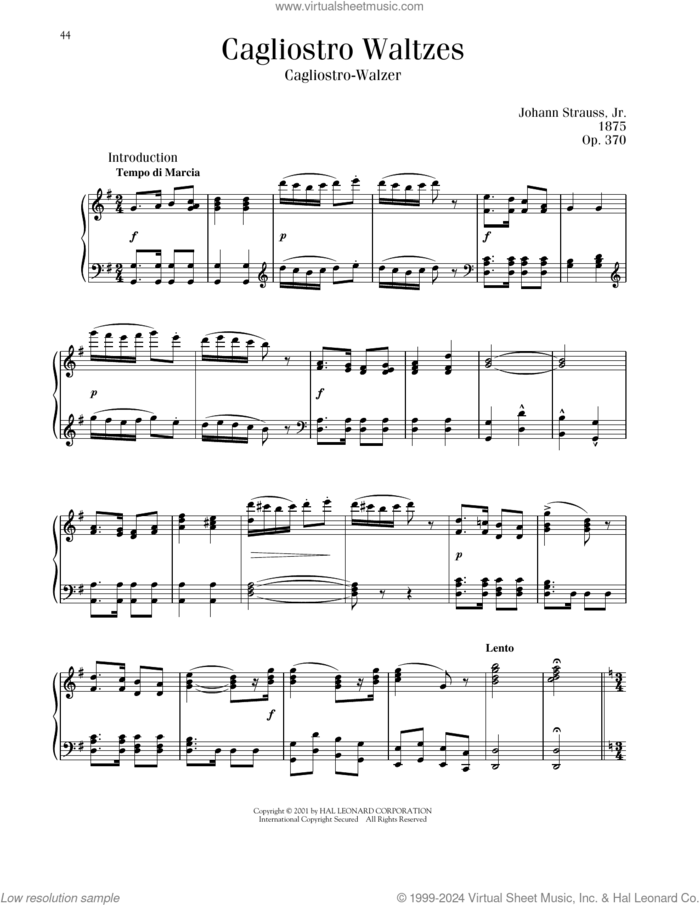 Cagliostro Waltzes, Op. 370 sheet music for piano solo by Johann Strauss, classical score, intermediate skill level