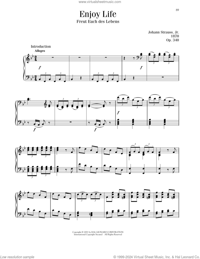 Enjoy Life, Op. 340 sheet music for piano solo by Johann Strauss, classical score, intermediate skill level