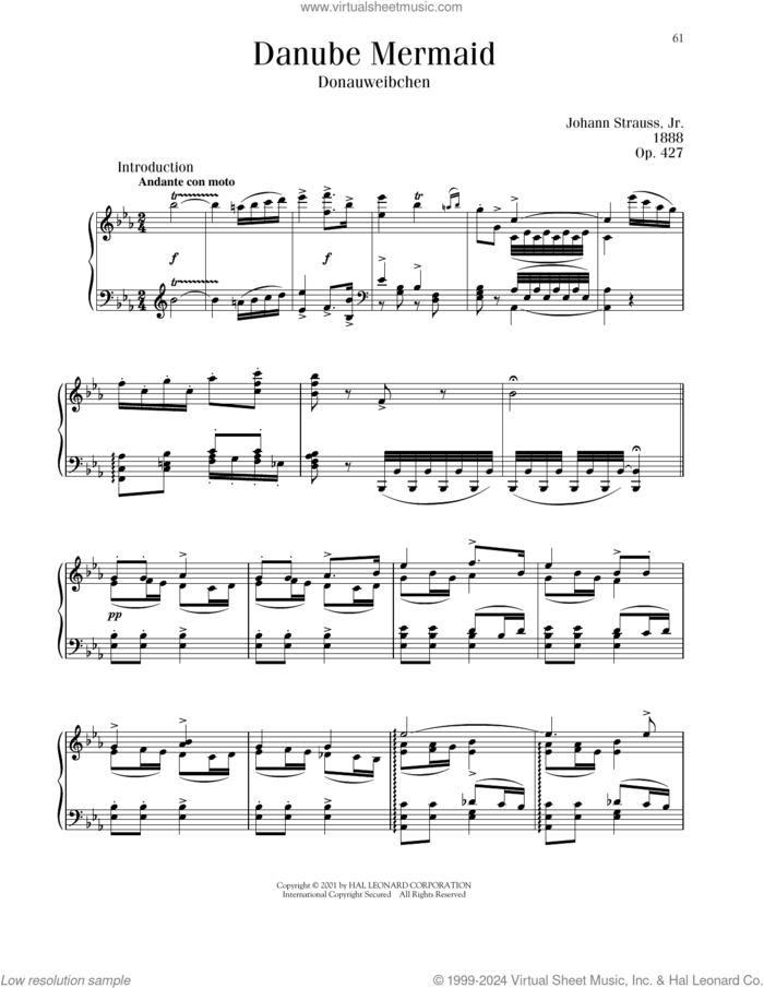 Danube Mermaid, Op. 427 sheet music for piano solo by Johann Strauss, classical score, intermediate skill level