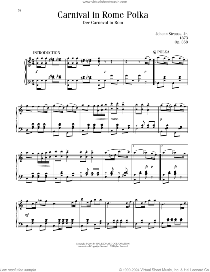 Carnival In Rome Polka, Op. 358 sheet music for piano solo by Johann Strauss, classical score, intermediate skill level