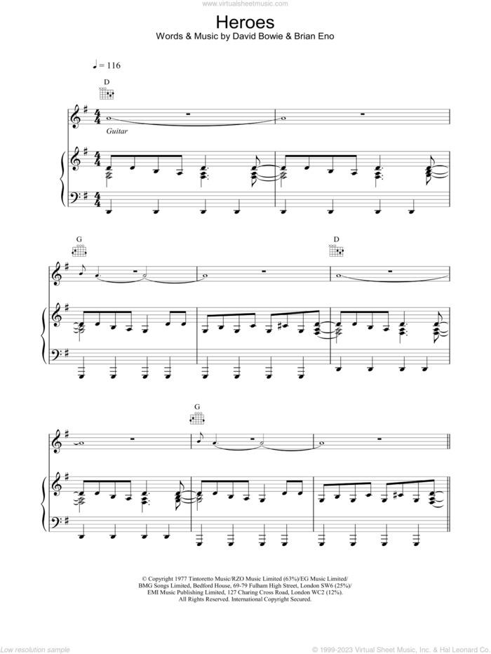 Heroes sheet music for voice, piano or guitar by David Bowie, intermediate skill level