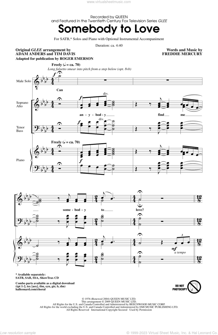 Somebody To Love (arr. Roger Emerson) sheet music for choir (SATB: soprano, alto, tenor, bass) by Freddie Mercury, Adam Anders, Glee Cast, Miscellaneous, Queen, Roger Emerson and Tim Davis, intermediate skill level