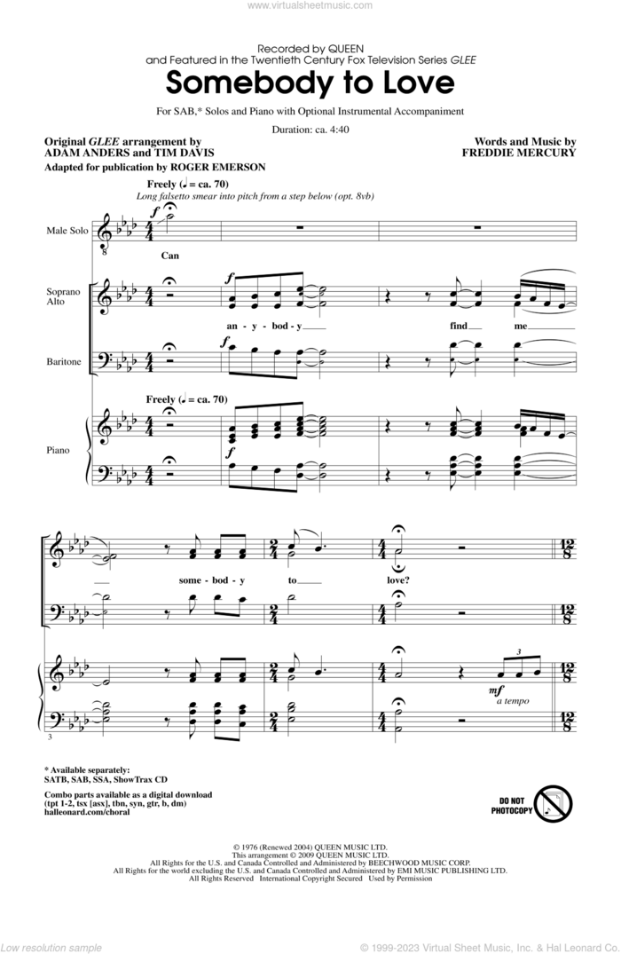 Somebody To Love (arr. Roger Emerson) sheet music for choir (SAB: soprano, alto, bass) by Freddie Mercury, Adam Anders, Tim Davis, Glee Cast, Miscellaneous, Queen and Roger Emerson, intermediate skill level