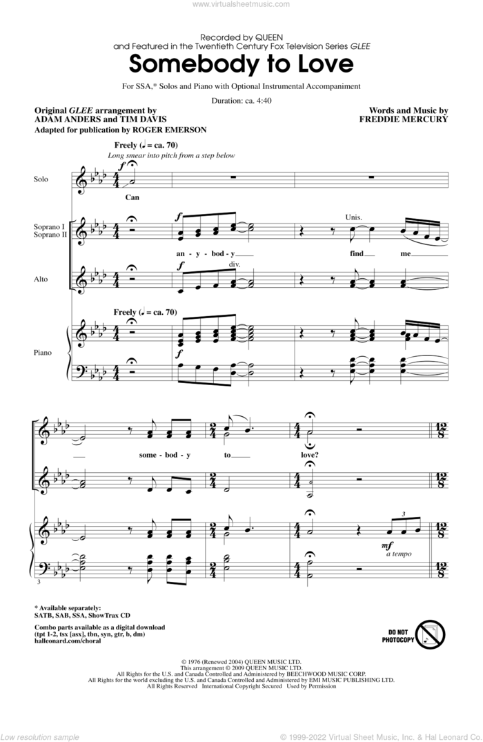Somebody To Love (arr. Roger Emerson) sheet music for choir (SSA: soprano, alto) by Freddie Mercury, Adam Anders, Tim Davis, Glee Cast, Miscellaneous, Queen and Roger Emerson, intermediate skill level