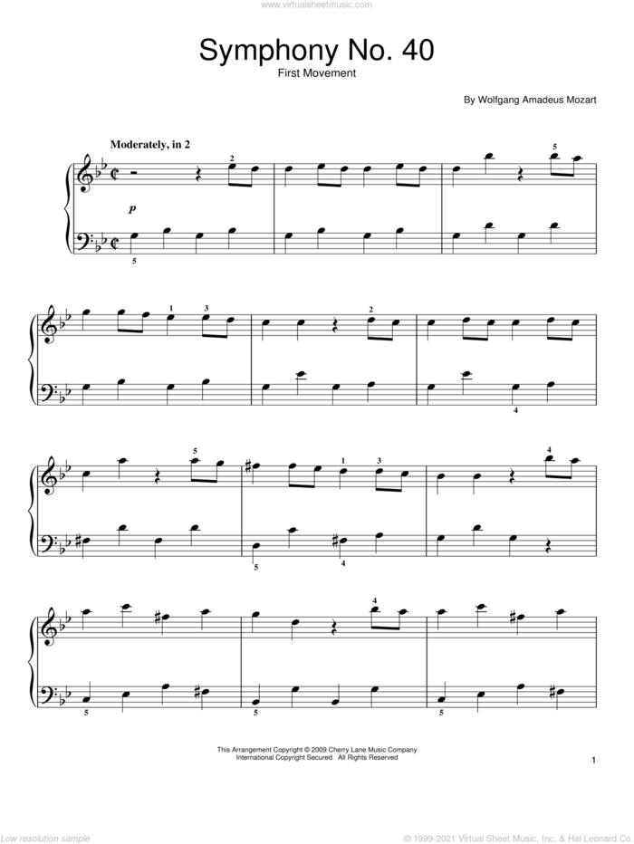 Symphony No. 40 in G Minor, First Movement Excerpt sheet music for piano solo by Wolfgang Amadeus Mozart, classical score, easy skill level