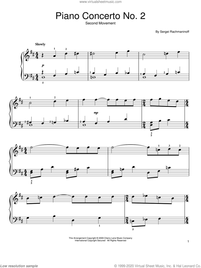 Piano Concerto No. 2, (easy) sheet music for piano solo by Serjeij Rachmaninoff, classical score, easy skill level