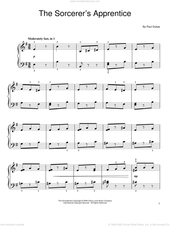 The Sorcerer's Apprentice sheet music for piano solo by Paul Dukas, classical score, easy skill level