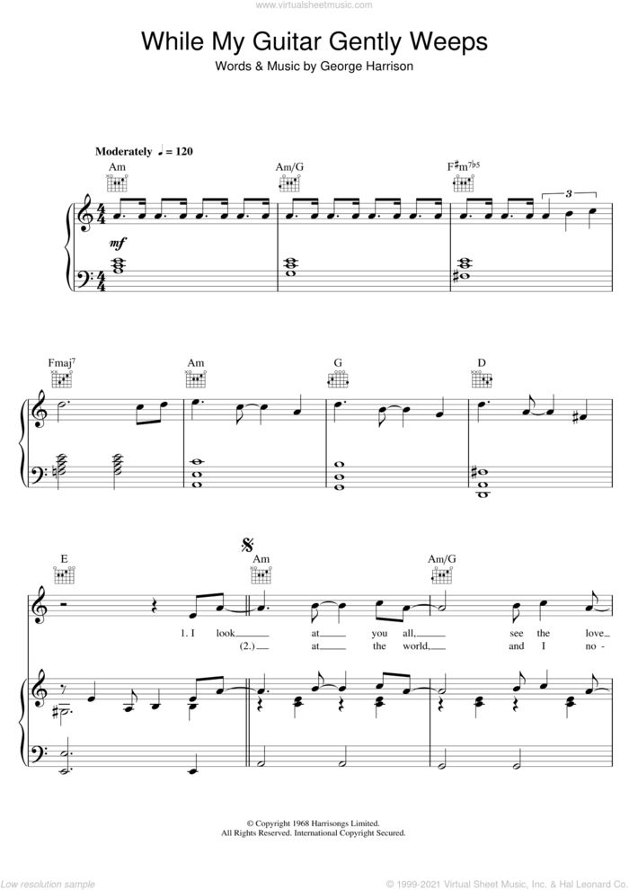 While My Guitar Gently Weeps sheet music for voice, piano or guitar by The Beatles and George Harrison, intermediate skill level