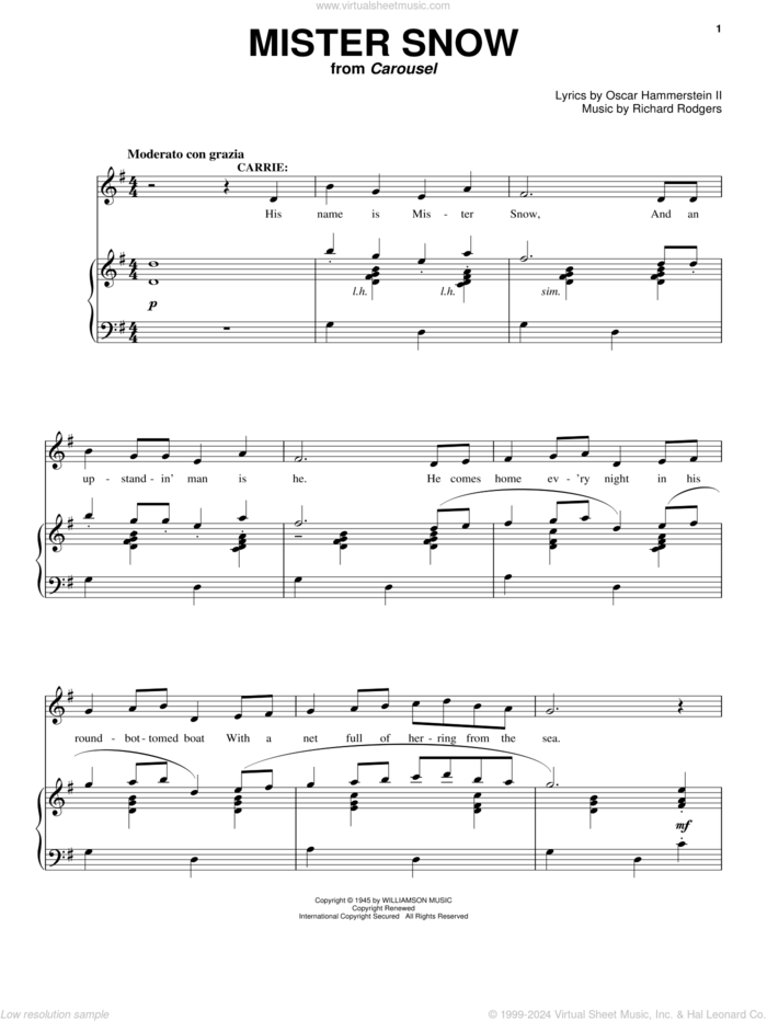 Mister Snow (from Carousel) sheet music for voice and piano by Rodgers & Hammerstein, Carousel (Musical), Oscar II Hammerstein and Richard Rodgers, intermediate skill level