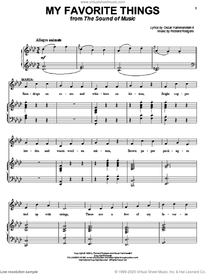 My Favorite Things (from The Sound of Music) sheet music for voice and piano by Rodgers & Hammerstein, Julie Andrews, The Sound Of Music (Musical), Oscar II Hammerstein and Richard Rodgers, intermediate skill level