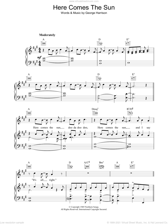 Here Comes The Sun sheet music for voice, piano or guitar by The Beatles and George Harrison, intermediate skill level