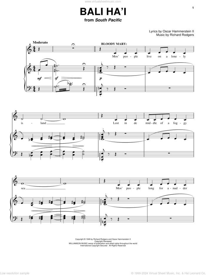 Bali Ha'i sheet music for voice and piano by Rodgers & Hammerstein, South Pacific (Musical), Oscar II Hammerstein and Richard Rodgers, intermediate skill level