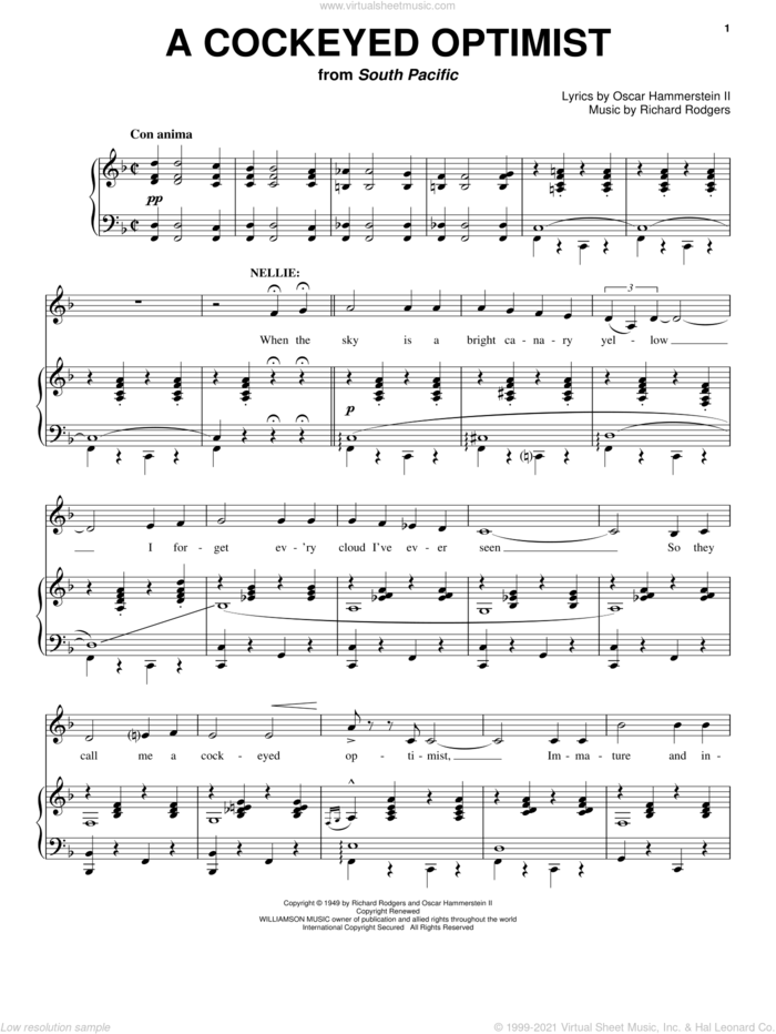 A Cockeyed Optimist sheet music for voice and piano by Rodgers & Hammerstein, South Pacific (Musical), Oscar II Hammerstein and Richard Rodgers, intermediate skill level