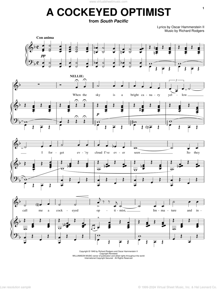 A Cockeyed Optimist sheet music for voice and piano by Rodgers & Hammerstein, South Pacific (Musical), Oscar II Hammerstein and Richard Rodgers, intermediate skill level