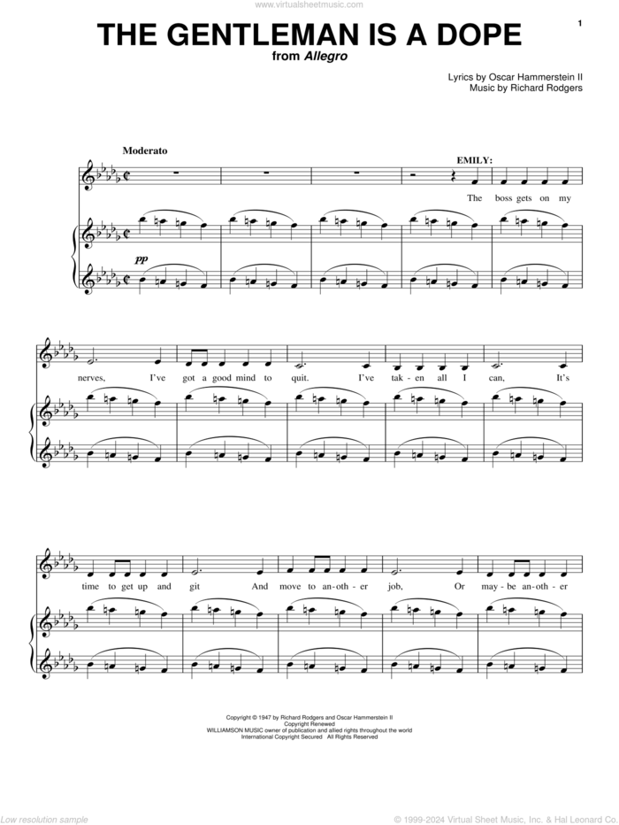 The Gentleman Is A Dope sheet music for voice and piano by Rodgers & Hammerstein, Allegro (Musical), Oscar II Hammerstein and Richard Rodgers, intermediate skill level