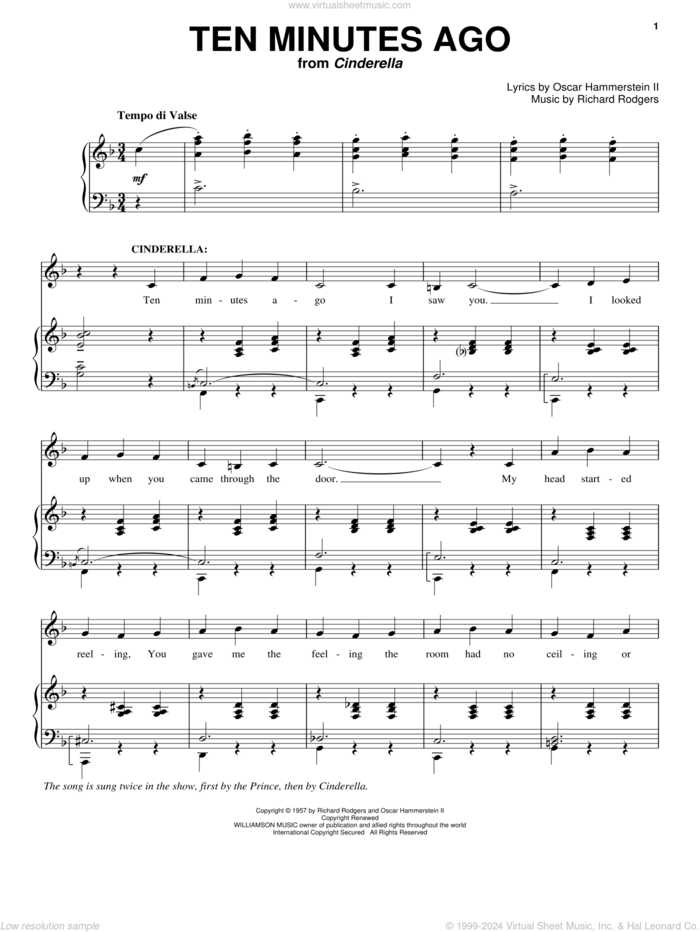 Ten Minutes Ago sheet music for voice and piano by Rodgers & Hammerstein, Cinderella (Musical), Oscar II Hammerstein and Richard Rodgers, intermediate skill level