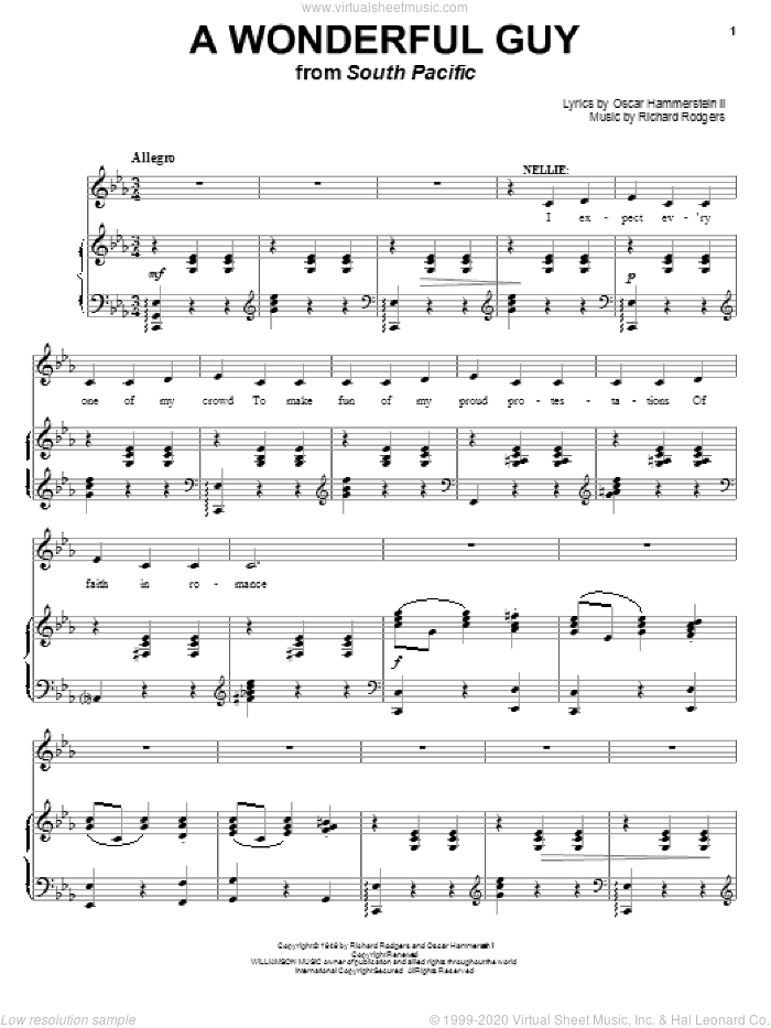 A Wonderful Guy sheet music for voice and piano by Rodgers & Hammerstein, South Pacific (Musical), Oscar II Hammerstein and Richard Rodgers, intermediate skill level