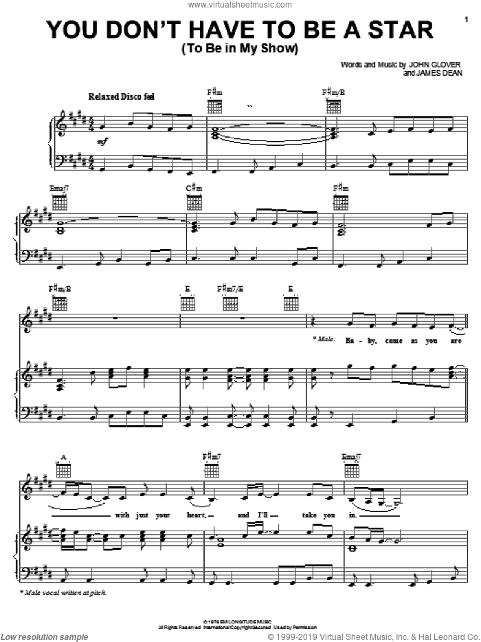 You Don't Have To Be A Star (To Be In My Show) sheet music for voice, piano or guitar by Marilyn McCoo & Billy Davis, Jr., Marilyn McCoo, James Dean and John Glover, intermediate skill level
