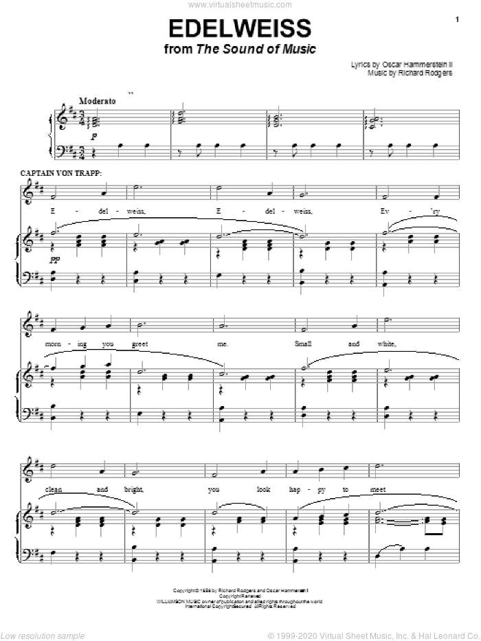 Edelweiss sheet music for voice and piano by Rodgers & Hammerstein, The Sound Of Music (Musical), Oscar II Hammerstein and Richard Rodgers, intermediate skill level
