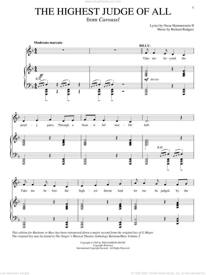 The Highest Judge Of All sheet music for voice and piano by Rodgers & Hammerstein, Carousel (Musical), Oscar II Hammerstein and Richard Rodgers, intermediate skill level