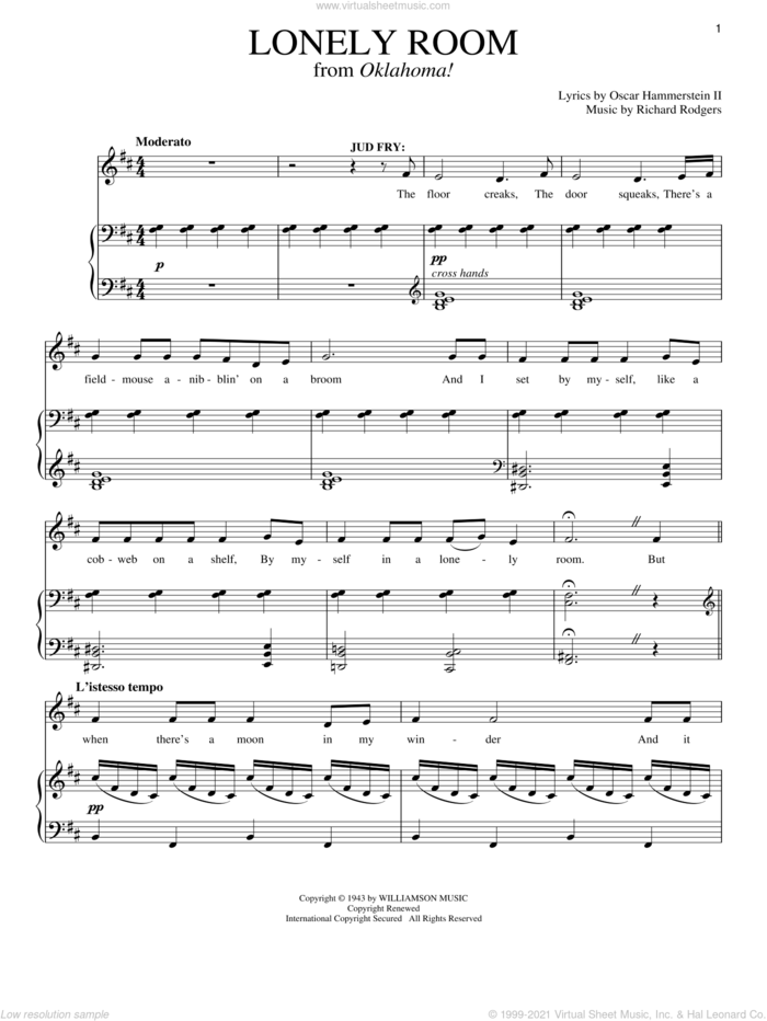 Lonely Room (from Oklahoma!) sheet music for voice and piano by Rodgers & Hammerstein, Oklahoma! (Musical), Oscar II Hammerstein and Richard Rodgers, intermediate skill level